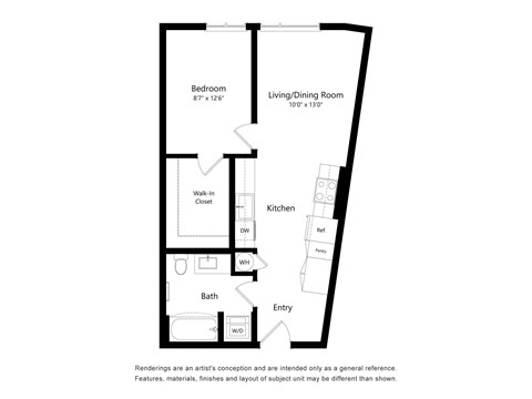 A floor plan of a room with a bedroom, living/dining room, kitchen, bath, and entry.